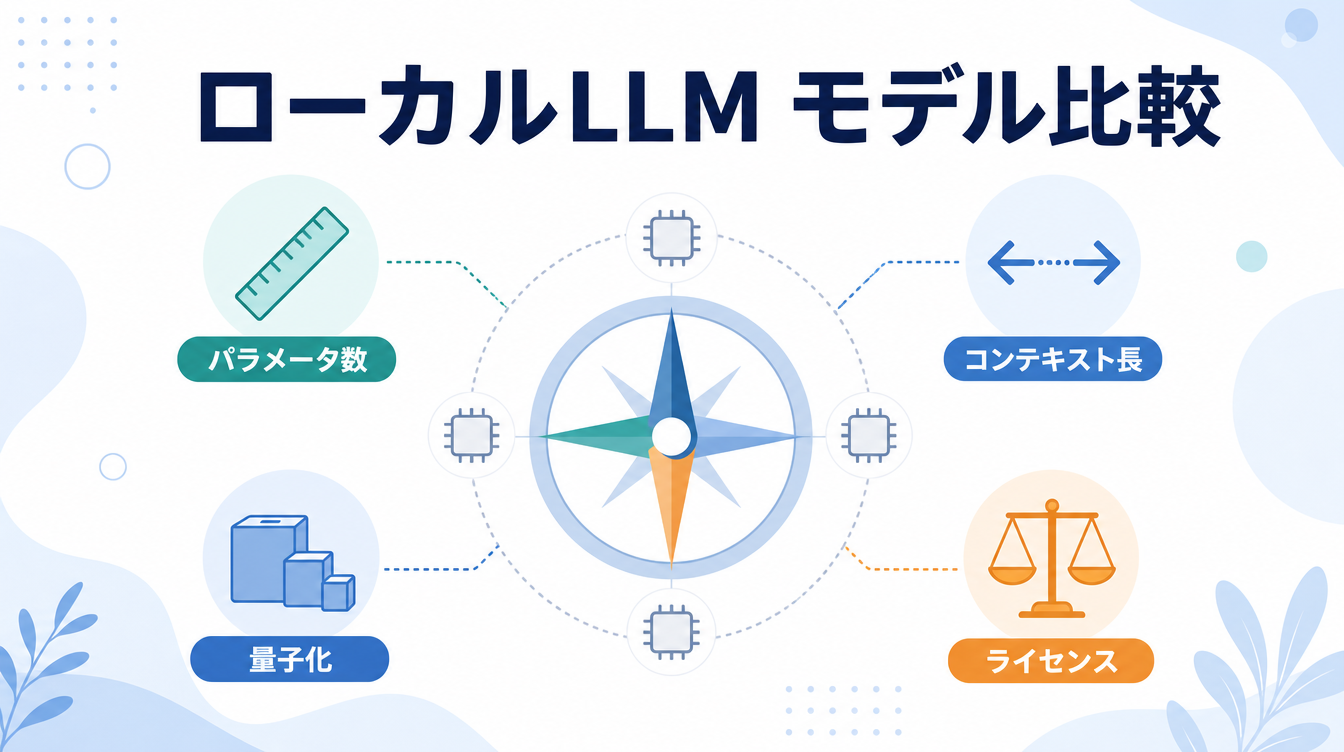 ローカルLLMモデル比較の4つの軸（パラメータ数・コンテキスト長・量子化・ライセンス）を示すアイキャッチ画像。比較を表すコンパス状の図とAIモデルのアイコンを組み合わせている