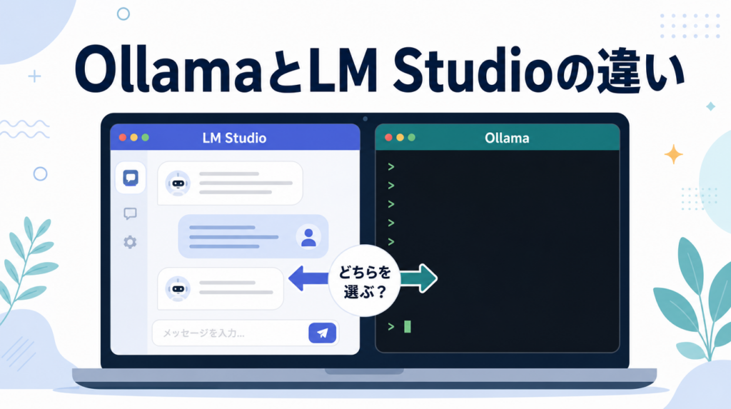 OllamaとLM Studioの違いを表すアイキャッチ画像。左にLM Studioのチャット画面、右にOllamaのターミナル画面を並べ、中央に「どちらを選ぶ？」の吹き出しを配置している
