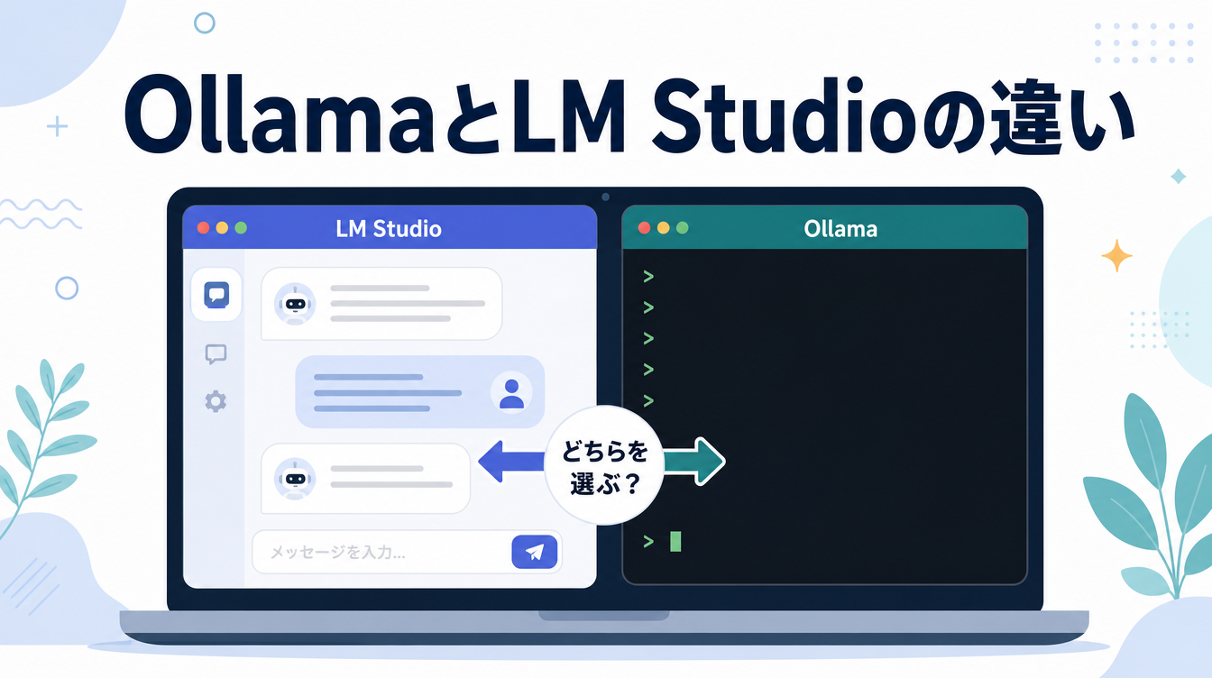 OllamaとLM Studioの違いを表すアイキャッチ画像。左にLM Studioのチャット画面、右にOllamaのターミナル画面を並べ、中央に「どちらを選ぶ？」の吹き出しを配置している