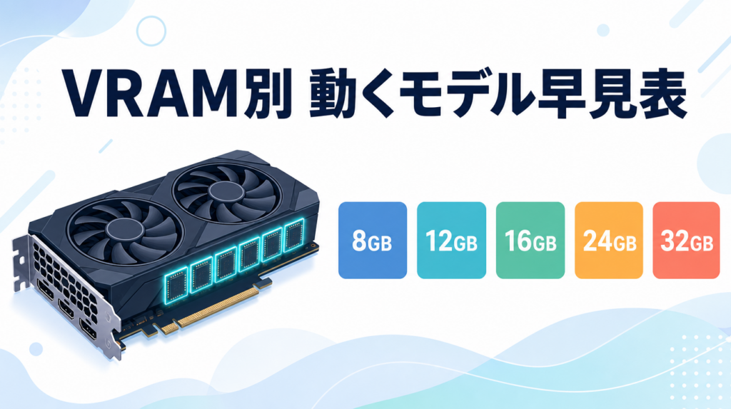 ローカルLLM VRAM別 動くモデル早見表のアイキャッチ画像。GPUイラストと8GB・12GB・16GB・24GB・32GBの5クラスラベルを並べている