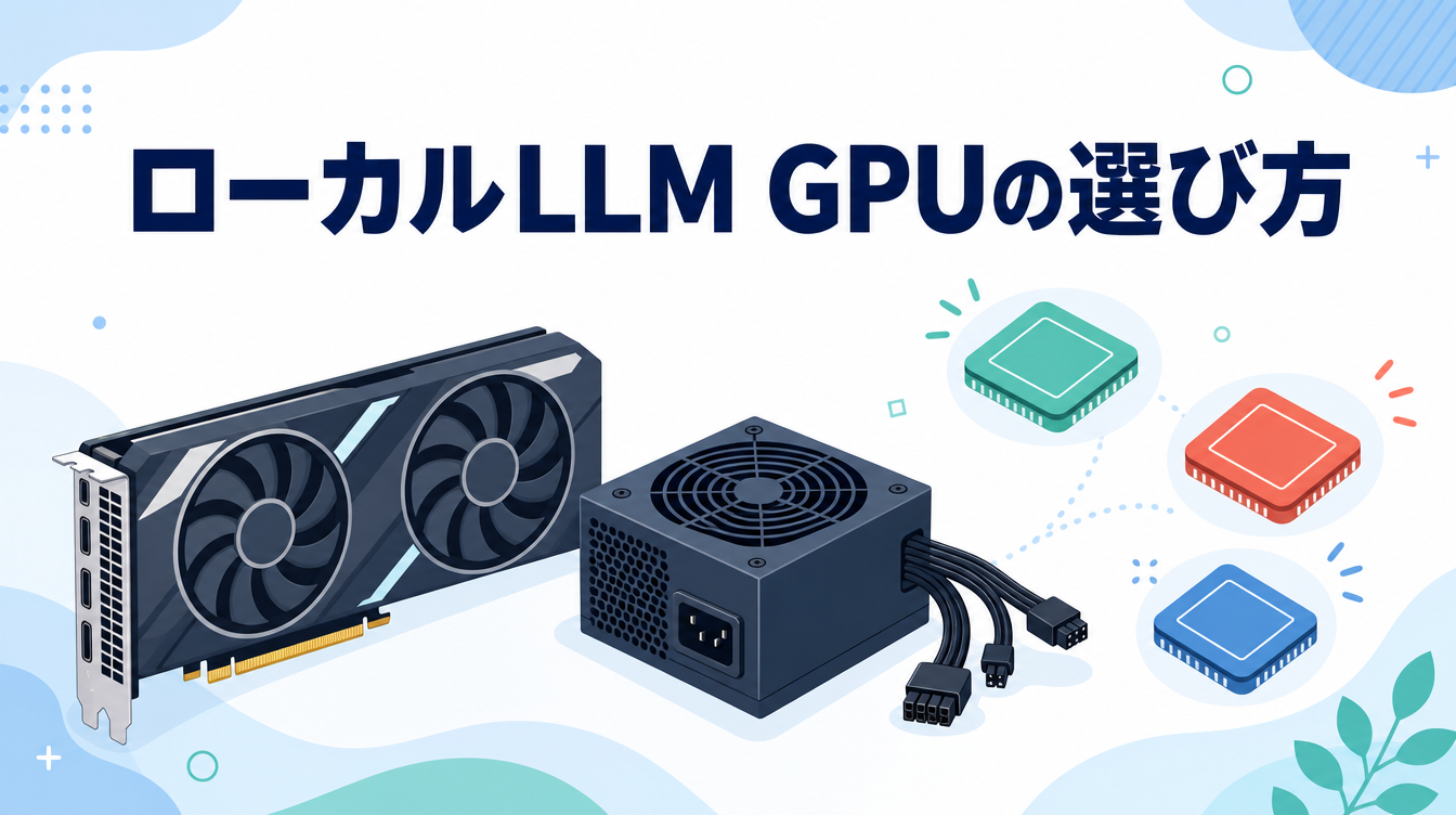 ローカルLLM GPUの選び方のアイキャッチ画像。GPUカードと電源ユニット、3社を示す3色のチップを並べている