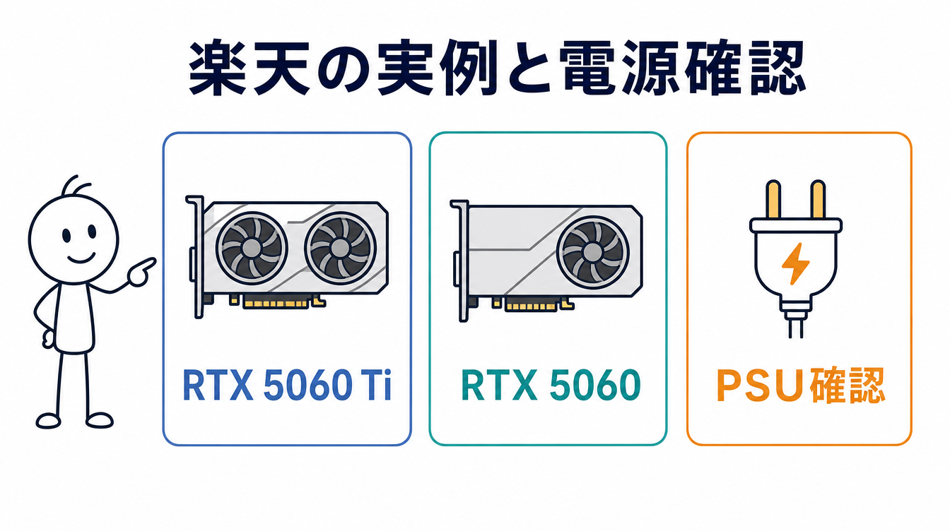 楽天市場のBTO構成例と電源確認のポイントを示す図解