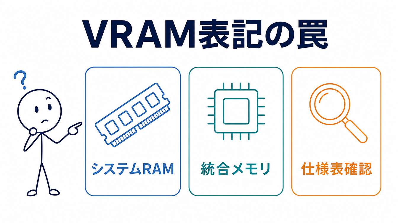 VRAM表記の罠を示す図解。システムRAMと統合メモリの違い、仕様表確認の重要性を表している