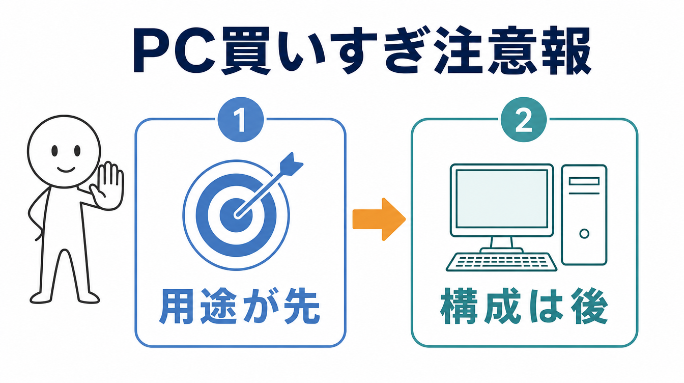 ローカルLLM PCの買いすぎ注意報を示す図解。用途を先に決めてから構成を選ぶ順序を表している