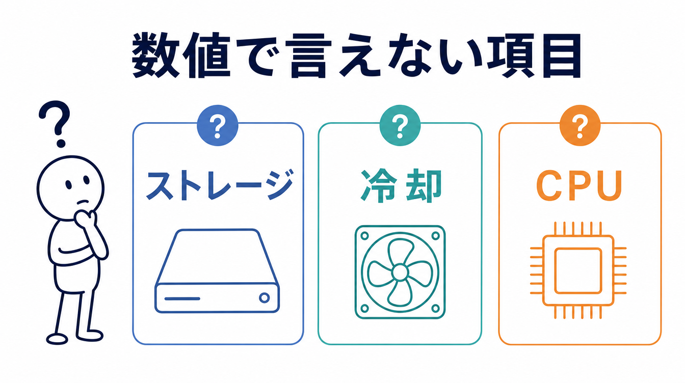 ローカルLLM BTOで数値で語れない項目を示す図解。ストレージ・ケース冷却・CPUの3項目を疑問符とともに並べている