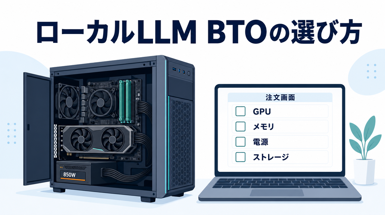 ローカルLLM BTOの選び方を示すアイキャッチ画像。PCケース内部のGPU・メモリ・電源と、BTO注文画面のGPU／メモリ／電源／ストレージのチェックリストを並べている