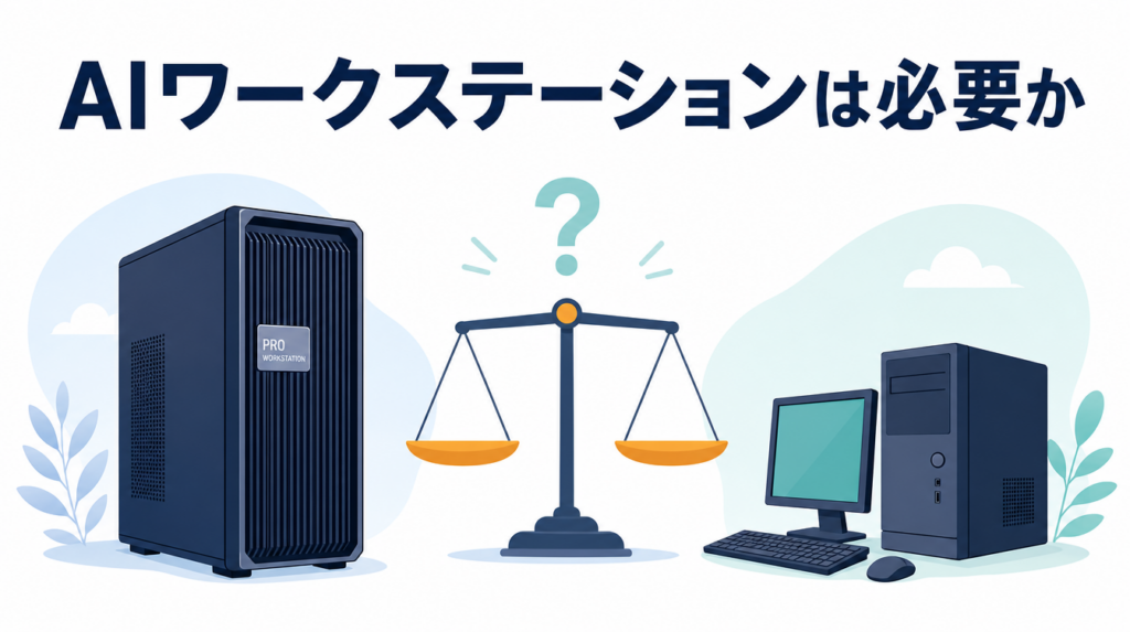 AIワークステーションは必要かを示すアイキャッチ画像。タワー型のAIワークステーションと一般的なデスクトップPCを天秤にかけて比較している
