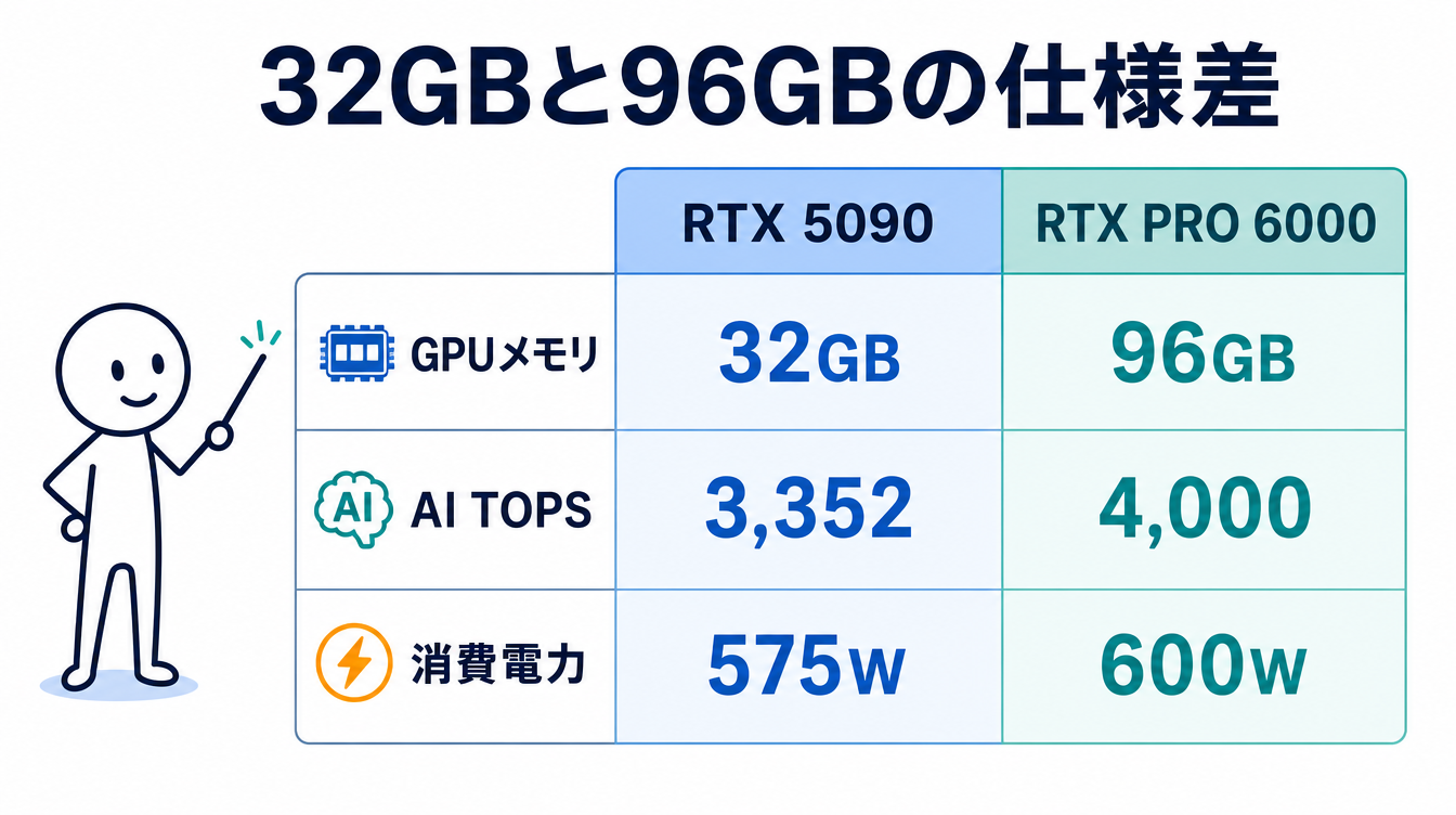 RTX 5090とRTX PRO 6000の仕様差を示す比較図。GPUメモリは32GBと96GB、AI TOPSは3,352と4,000、消費電力は575Wと600W