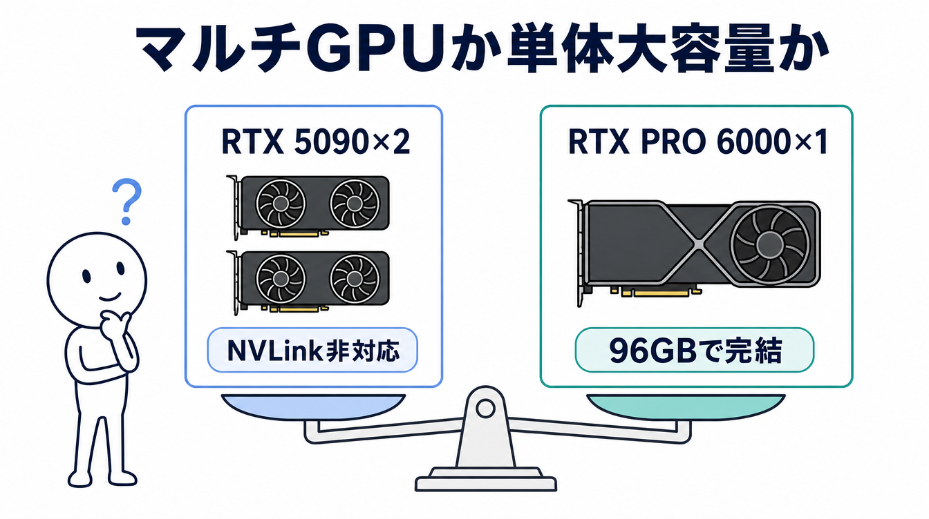 マルチGPUと単体大容量を比較する図解。RTX 5090を2枚使う構成はNVLink非対応（公式明記）、RTX PRO 6000は96GBのメモリ単体で完結する構成