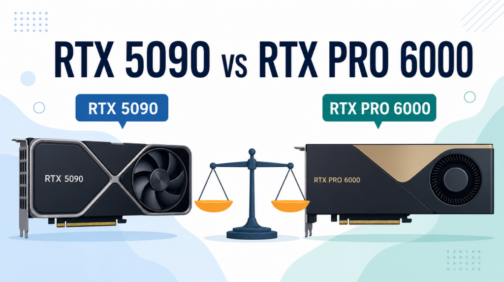 RTX 5090とRTX PRO 6000を比較するアイキャッチ画像。天秤の両側にRTX 5090とRTX PRO 6000を乗せて対比している