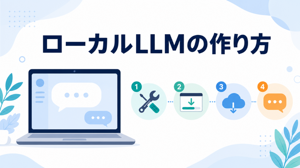 ローカルLLMの作り方を紹介するアイキャッチ画像。ノートPCのチャット画面と4ステップのアイコンを並べている