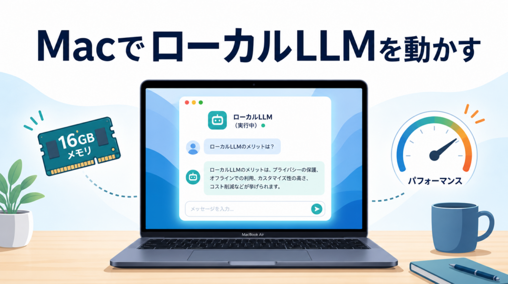 ローカルLLMをMacで動かす方法を紹介するアイキャッチ画像。MacBook Air画面のチャットウィンドウと、メモリを示すチップアイコン、速度を示すゲージアイコンを組み合わせている