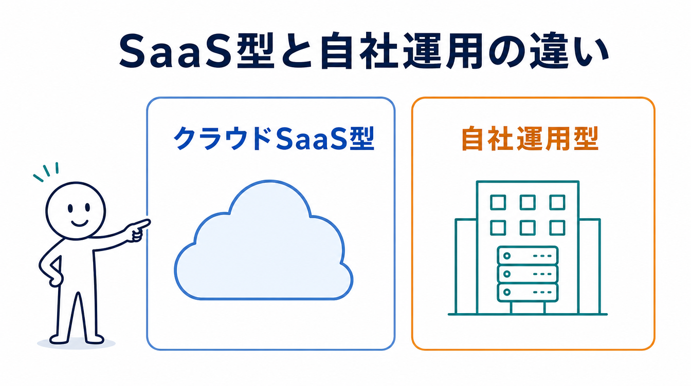 社内ヘルプデスクAIのクラウドSaaS型と自社運用型の違いを示す図解。2つの箱を左右に並べて対比している